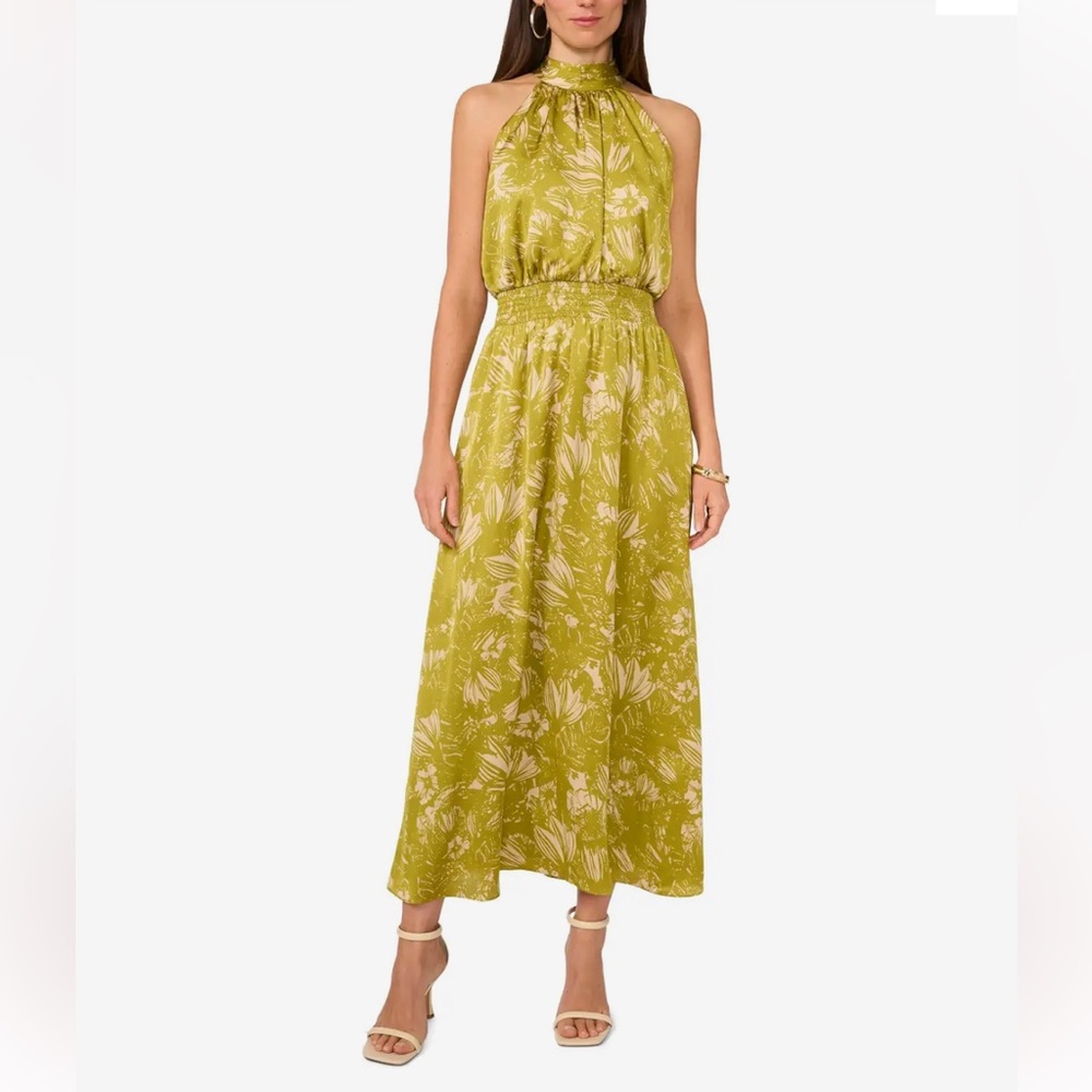 NWT Vince Camuto Chartreuse Green Sleeveless Halter Neck Dress, size L